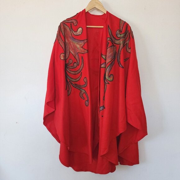 Vintage Handmade Wool Red Beaded Poncho Shawl Long Flowy Geometric Floral - Picture 1 of 13